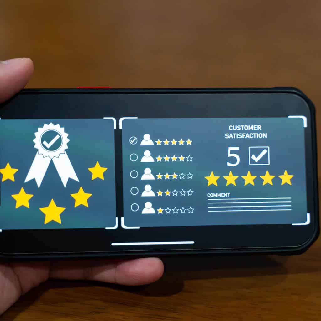 Customer review showing 5-star satisfaction for Heins Law, P.C. legal services.
